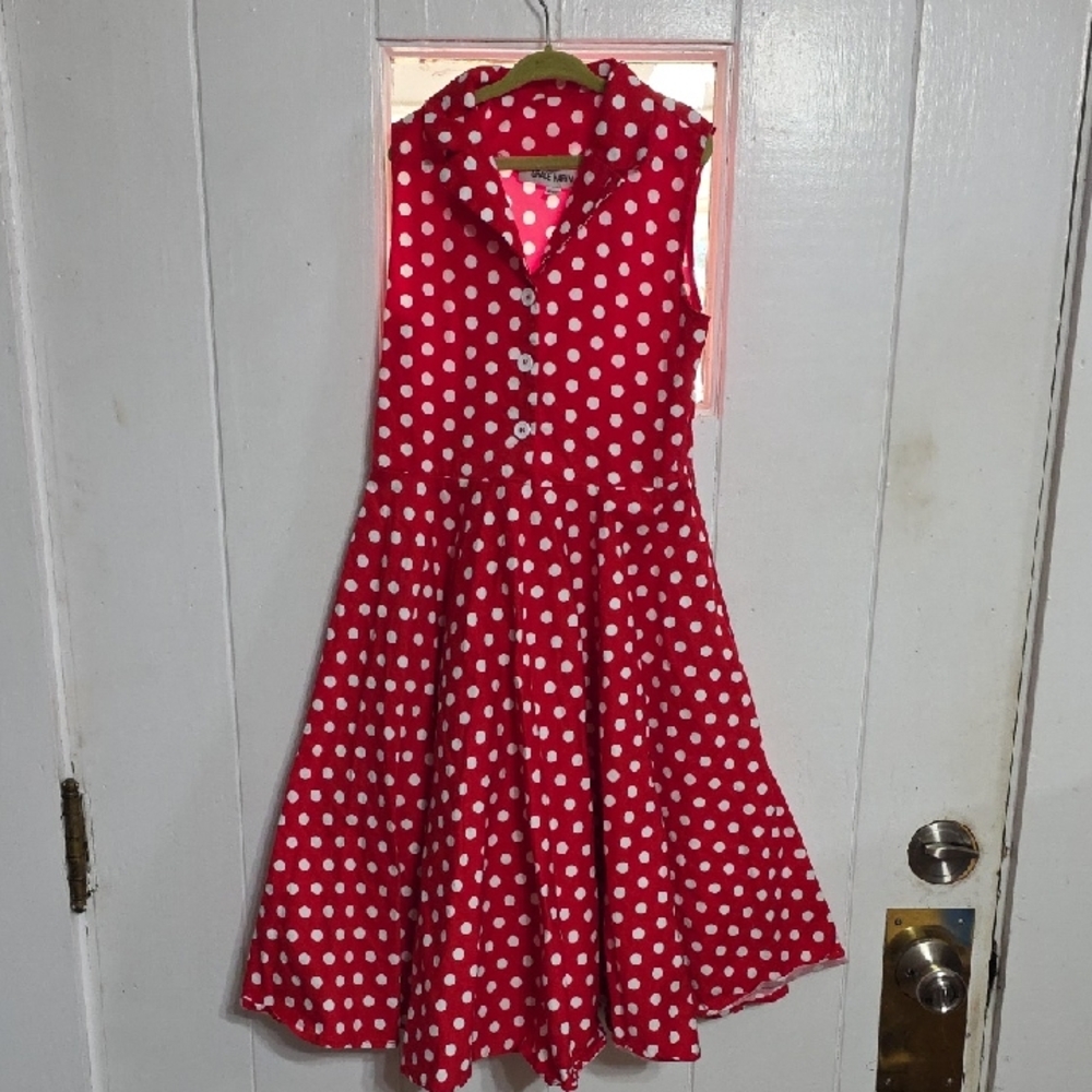 Grace Karin Girls Dress Re/White Polka Dots Buttons Side Zip Circular Sz 10/11yr